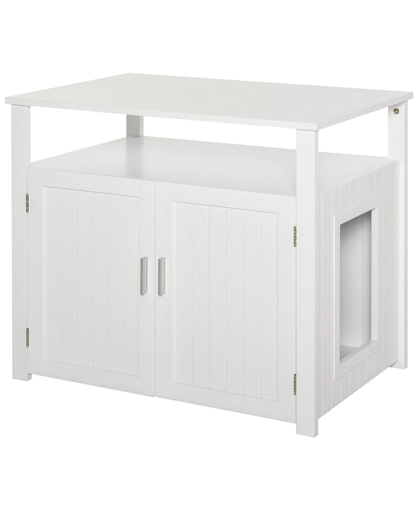 Wooden Cat Litter Box Enclosure Furniture with Adjustable Partition, Cat Washroom End Table with Open Shelf, White