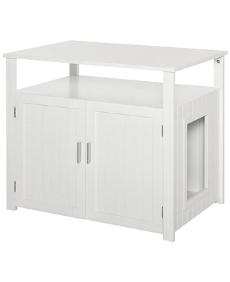 Wooden Cat Litter Box Enclosure Furniture with Adjustable Partition, Cat Washroom End Table with Open Shelf, White