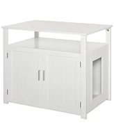 Wooden Cat Litter Box Enclosure Furniture with Adjustable Partition, Cat Washroom End Table with Open Shelf, White