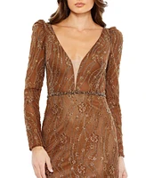 Mac Duggal Women's Embellished Long Sleeve Plunge Trumpet Gown