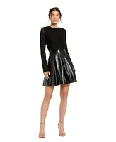 Mac Duggal Women's Mesh And Leather Long Sleeve A Line Mini Dress