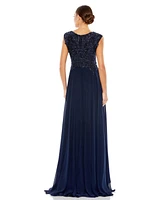 Mac Duggal Women's Appliqued Cap Sleeve Bodice Flowy Gown