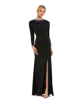 Mac Duggal Women's Long Sleeve Jersey Ruched Gown With Beaded Neck