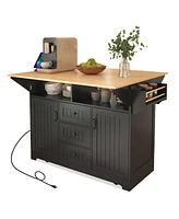 55.7" Large Kitchen Island with 2 Drop Leaf,, Rolling Kitchen Cart on 5 Wheels with Power Outlet, Folding Storage Dining Table with Spice & Towel