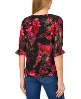 CeCe Women's Floral V-Neck Ruffled-Cuff Blouse