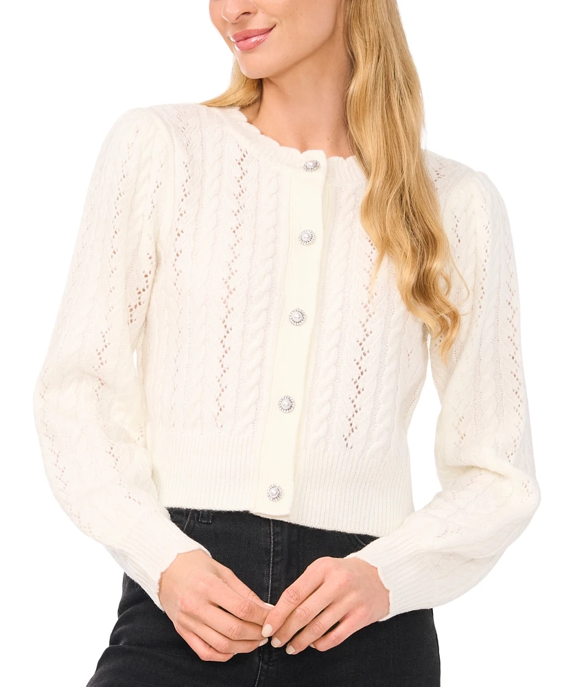 CeCe Women's Beaded-Button Pointelle Cardigan Sweater