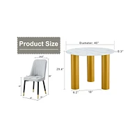 Table and chair set, round table with white marble pattern, gold Mdf table legs, soft and comfortable dining chair, suitable for kitchen and living ro