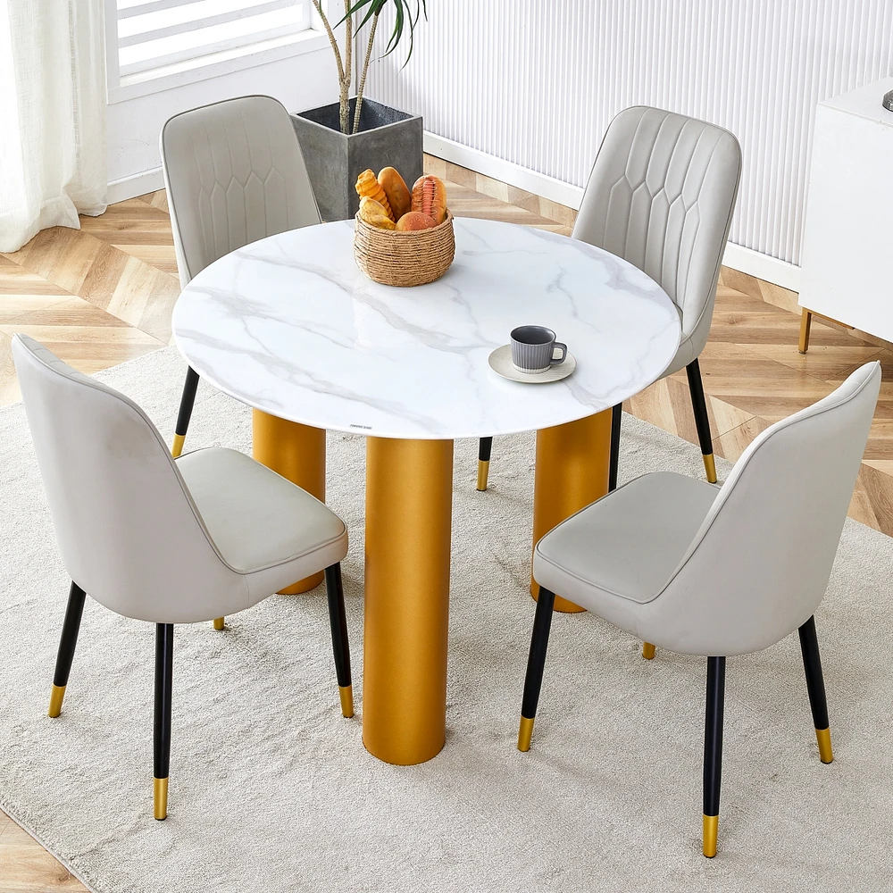 Simplie Fun Table and chair set, round table with white marble pattern, gold Mdf table legs, soft and comfortable dining chair, suitable for kitchen a