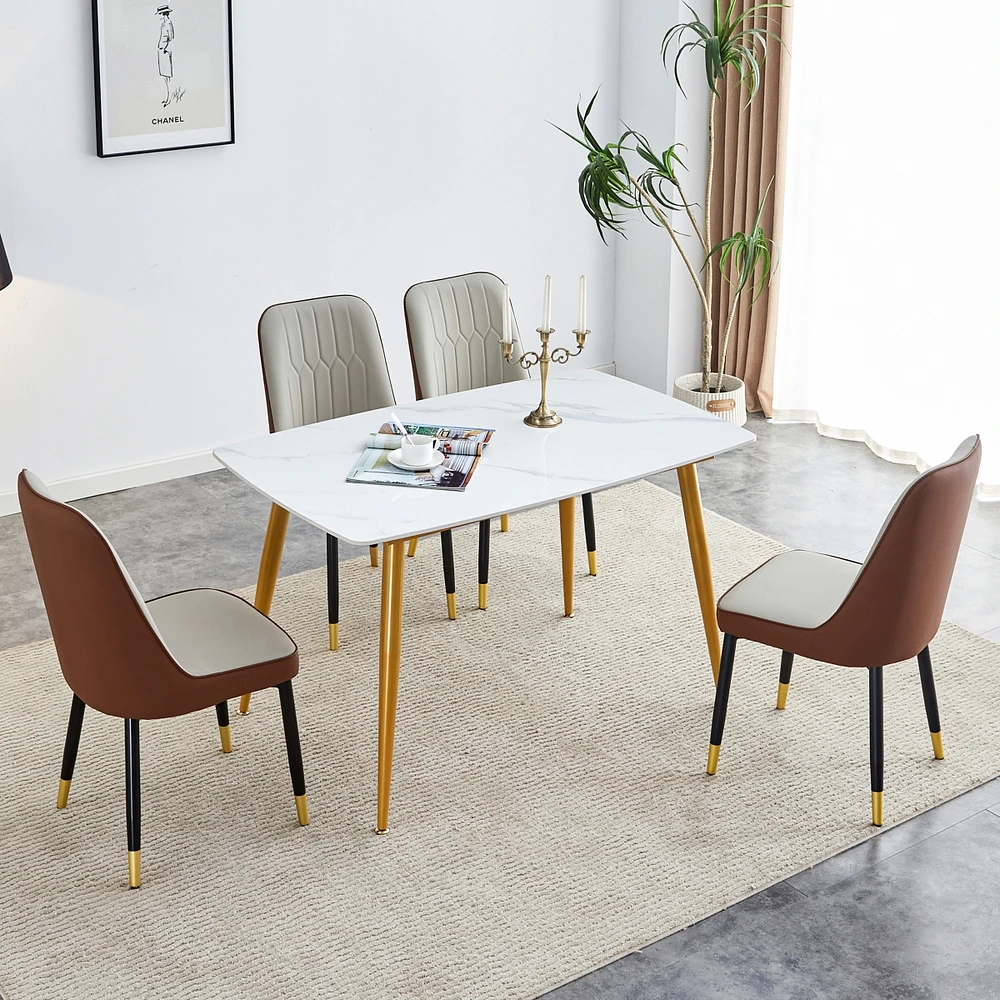 Streamdale Furniture Table and chair set.a morden table with White imitation marble patterned stone burning tabletop with golden metal legs.Paired wit