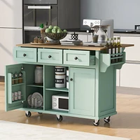Simplie Fun Kitchen Cart with Rubber wood Drop-Leaf Countertop, Cabinet door internal storage racks, Kitchen Island on 5 Wheels with Storage Cabinet a