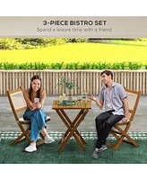 3 Pieces Patio Bistro Set Foldable Wooden Pe Rattan Conversation Furniture Outdoor with Cushions, for Porch, Backyard, Garden, Light Teak