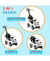 Push Car for Kids 1-3 Years, 3 in 1 Ride on Sliding Car, Foot to Floor Baby Push Car with Removable Handle, Music, Horn, Canopy, Safety Guardrail for