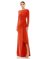 Mac Duggal Women's Ruched Long Sleeve Boat Neck Gown