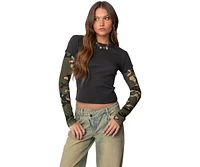 Edikted Women's Camo Layered Long Sleeve T Shirt - Dark