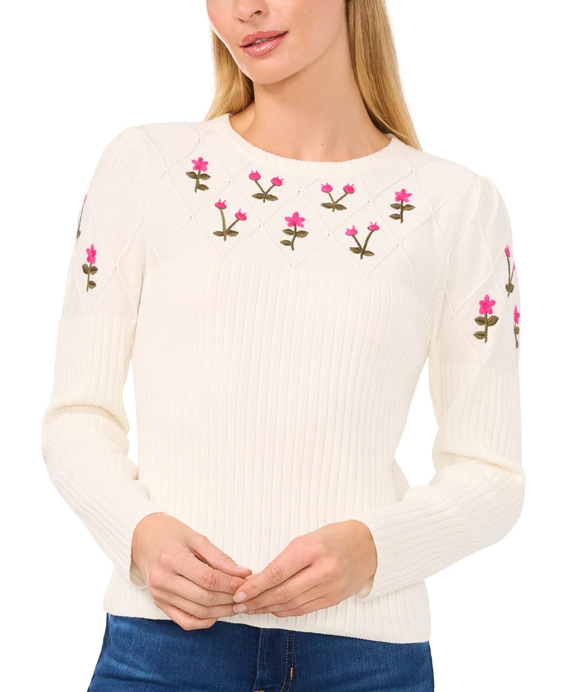 CeCe Women's Cotton Embroidered Crewneck Sweater