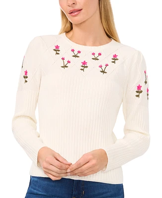 CeCe Women's Cotton Embroidered Crewneck Sweater