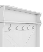 Hall Tree with Top Shelf and Storage Bench, Hallway Shoe Cabinet with Sliding Doors, Coat Rack with 5 Hanging Hooks for Entryways Hallways, White