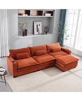 Streamdale Furniture L Shape Sofa Couch with Usb & Cup Holders, Corduroy Stripe Fabric 3 Seater Sofa with 1 Ottoman, Orange