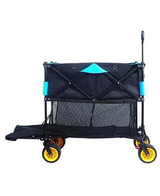 Simplie Fun Big large capacity Folding cart Extra Long Extender Wagon Cart Folding Wagon Garden Shopping Beach Cart (black + blue)