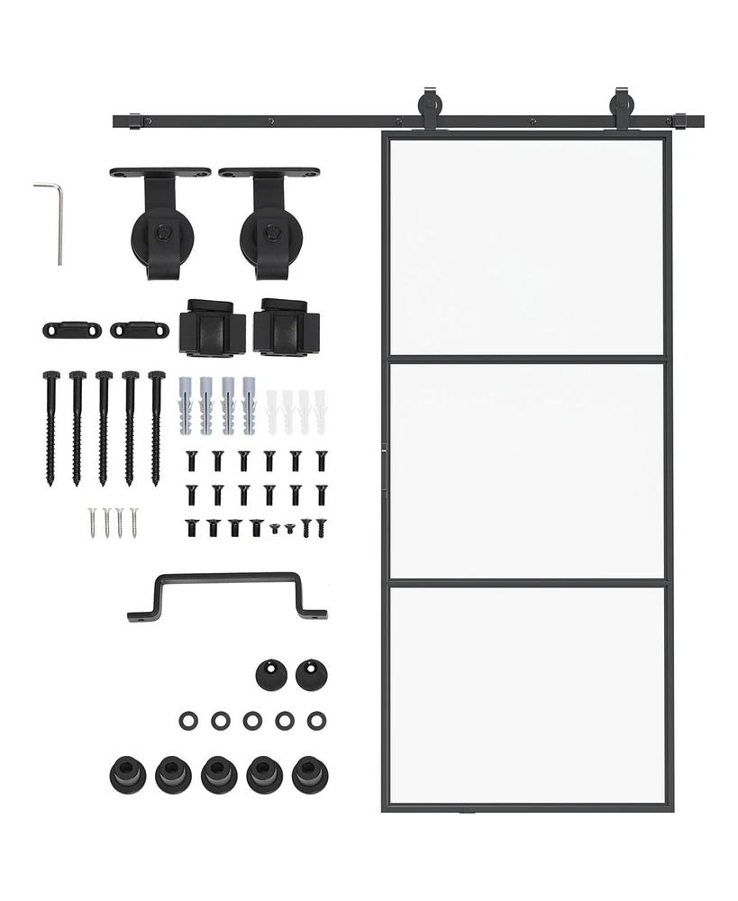 36" x 84" Sliding Door with Hardware Kit, Handle, & Track, Industrial Frosted Tempered Glass Door with Carbon Steel, Easy Installation