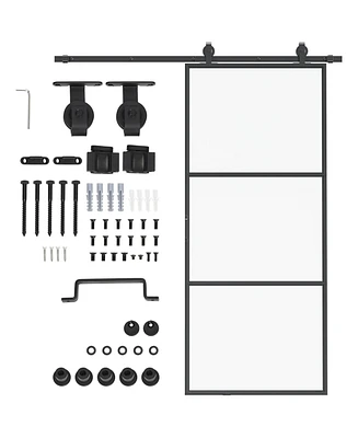 36" x 84" Sliding Door with Hardware Kit, Handle, & Track, Industrial Frosted Tempered Glass Door with Carbon Steel, Easy Installation