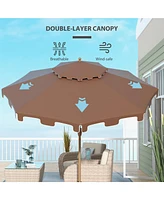 9' Patio Umbrella with Push Button Tilt and Crank, Double Top Ruffled Outdoor Market Table Umbrella with 8 Ribs, for Garden, Deck, Pool, Brown