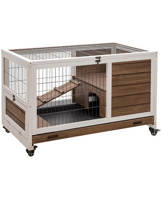 Wooden Rabbit Hutch Indoor Outdoor, Elevated Bunny Cage with No Leak Tray Enclosed Run with Wheels, Ideal for Guinea Pigs and Small Animals, Brown