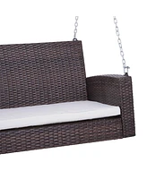 2 Person Wicker Hanging Swing Bench, Front Porch Swing Outdoor Chair with Cushions 550 lbs. Weight Capacity for Backyard, Garden, Cream White