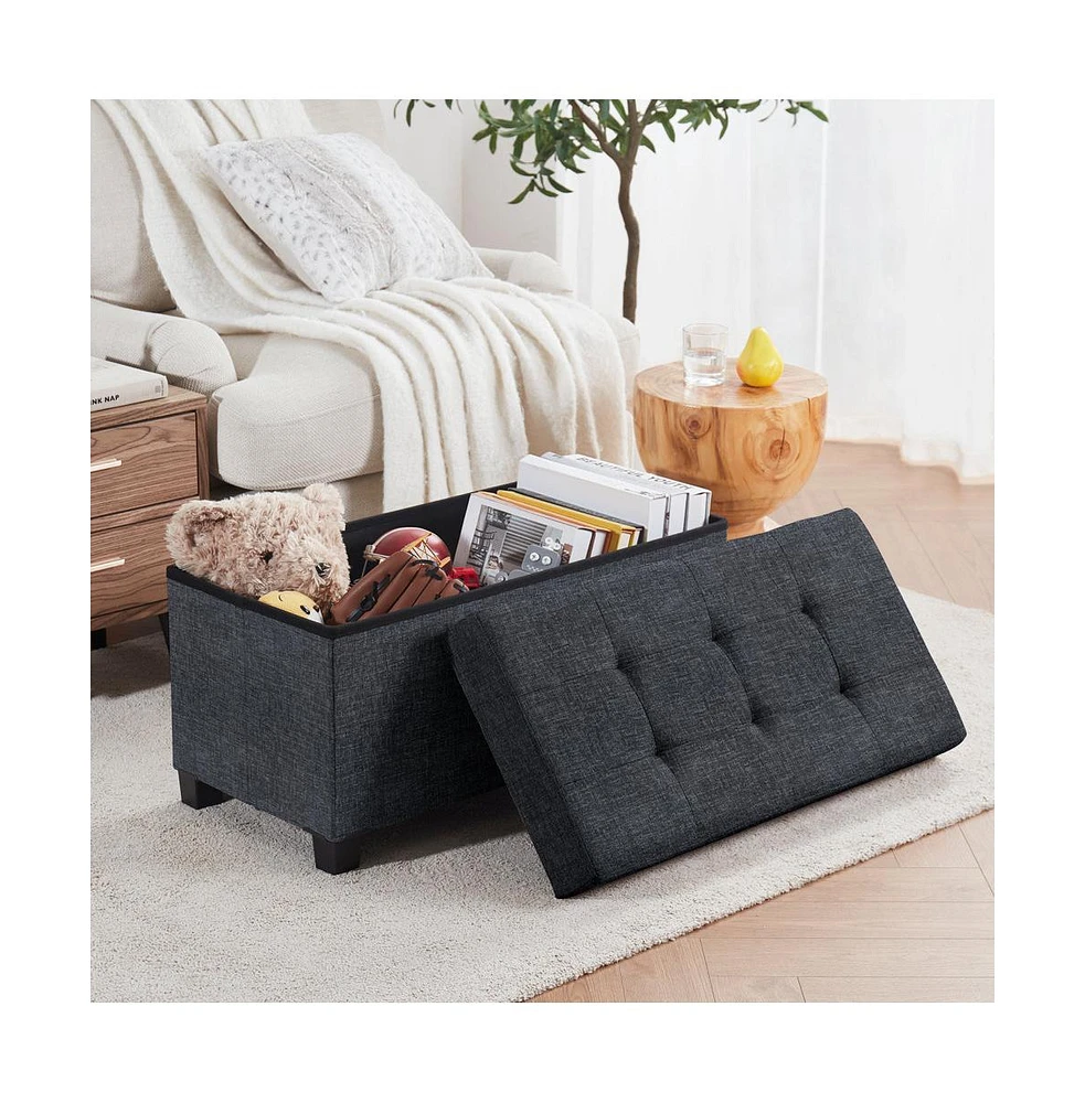 Ornavo Home Foldable Tufted 30 Inch Linen Bench Storage Ottoman with Legs