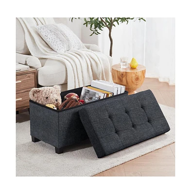 Ornavo Home Foldable Tufted 30 Inch Linen Bench Storage Ottoman with Legs