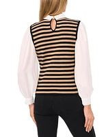 CeCe Women's Stripe Vest Twofer Long Sleeve Sweater