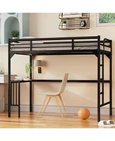 Slickblue Twin Metal Loft Bed with Desk, Ladder, and Guardrails Includes Under-Bed Book Desk