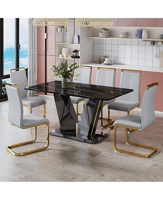 Streamdale Furniture Table and chair set, Modern minimalist rectangular dining table, 0.4 inch thick, with a black imitation marble pattern glass desk