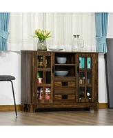 Sideboard Buffet Cabinet, Glass Door Kitchen Cabinet, Coffee Bar Cabinet with Storage Drawers & Adjustable Shelves for Living Room, Dark Walnut