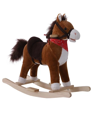 Kids Ride on Rocking Horse Plush Toy with Realistic Sounds and Red Scarf for Over 3 Years Old Birth Gift