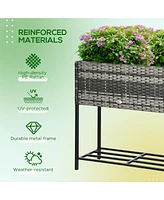 Raised Garden Bed, Elevated Planter Box with Rattan Wicker Look, Tool Storage Shelf, Portable Design for Herbs, Vegetables, Flowers, Gray