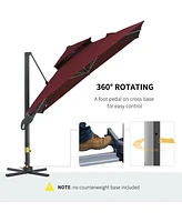 10ft Offset Patio Umbrella, Hanging Cantilever Umbrella, Square Shape, Aluminum Cross Base, Tilt, 360-Degree Rotation, Red