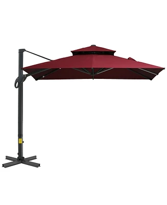 Simplie Fun 10ft Offset Patio Umbrella, Hanging Cantilever Umbrella, Square Shape, Aluminum Cross Base, Tilt, 360-Degree Rotation, Red