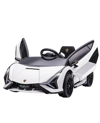 Lamborghini Sian Licensed Kids Ride On Car, 12V Battery Powered Electric Sports Car Toy with Remote Control, Horn, Music, & Headlights, White