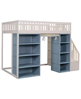 Streamdale Furniture Full Size Loft Bed with 2 Four-layer Storage Cabinets and Curtain, White+Blue(Expected Arrival Time:9.28)