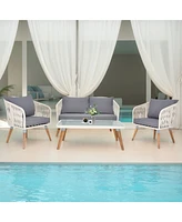 Slickblue 4 Piece Patio Furniture Set, Outdoor Acacia Wood Conversation Set, All-Weather Rope Sofa Set with Coffee Table, Loveseat