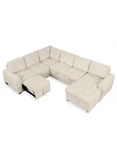 Simplie Fun 107.5" U-shaped Sofa Sectional Sofa Pull-out Sofa bed with a Storage Chaise Lounge, Charging Devices for Living Room, Beige