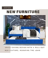 Streamdale Furniture Blue Upholstered Twin Size Daybed With Trundle, Velvet Fabric, No Box Spring Required, Comfortable And Simple Design Models