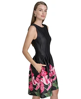 Halston Women's Floral-Print Pleated Fit & Flare Dress