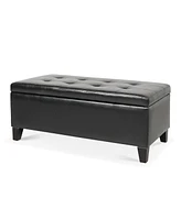 Storage Ottoman with Wooden Legs, Faux Leather Ottoman with Storage for Living Room, Bedroom & Hallway, Ottoman Foot Rest, 38.4" Black Ottoman