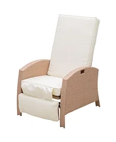 Simplie Fun Patio Recliner, Outdoor Reclining Chair with Flip-Up Side Table, All-Weather Wicker Metal Frame Chaise with Footrest, Cushions, Beige