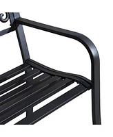 50" Outdoor Bench, Metal Garden Bench with Floral Pattern Backrest, Porch Bench with Slatted Seat for Park, Yard, Lawn, Black