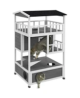 Simplie Fun Wooden Outdoor Cat House, Feral Cat Shelter Kitten Condo with Asphalt Roof, Escape Doors, Condo, Jumping Platform, Light Gray