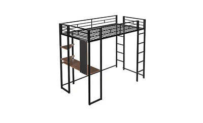 Slickblue Twin Metal Loft Bed with 2 Shelves and Desk - Space-Saving Solution for Bedrooms