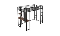 Slickblue Twin Metal Loft Bed with 2 Shelves and Desk - Space-Saving Solution for Bedrooms